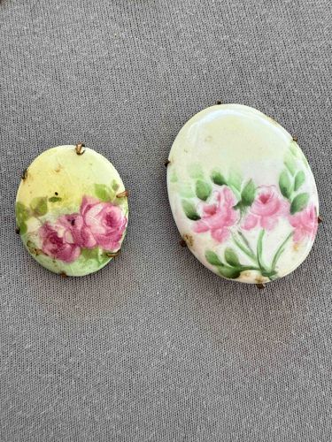 Pair of Hand-Painted Porcelain Cabochons with Floral Motif