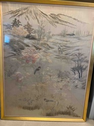 Framed Silk Embroidery with Landscape and Birds