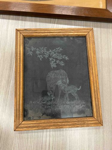 Framed Etched Deer and Rabbit Scene Plaque