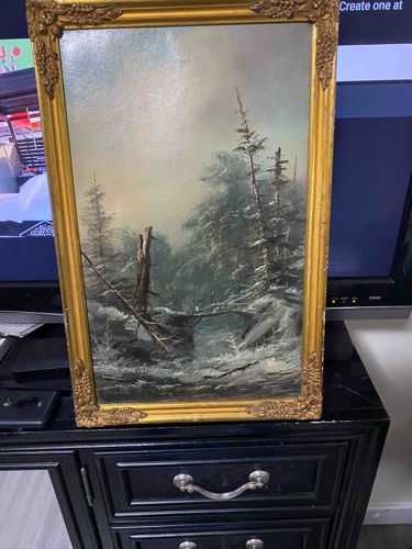 Framed Winter Forest Landscape Oil Painting