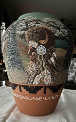 Sioux Pottery Vase with Native American Portrait by Richard Underbaggage