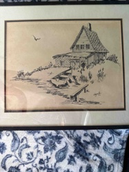 Framed Ink Pen Drawing of a House by the Water