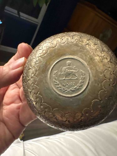 Persian Coin Decorated Metal Powder Box or Small Container