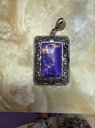 Rectangular Pendant with Purple Stone in Antiqued Metal Frame