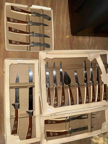Vintage Household Cutlery and Steak Knife Sets with Faux Wood Handles