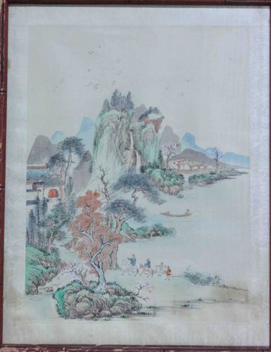 Chinese Silk Landscape Painting with Travelers and Village