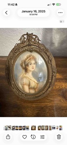 Antique Hand-Painted Miniature Portrait of a Young Lady in an Ornate Gilt Brass Frame