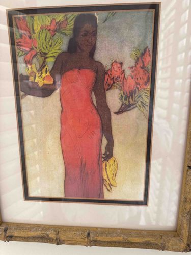 Framed Print of Reclining Nude with a Fan (Woman with Mangoes) after Paul Gauguin