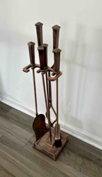 Five-Piece Copper-Toned Fireplace Tool Set with Square Pedestal Base