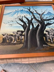 Framed African Landscape Painting with Elephants and Baobab Trees