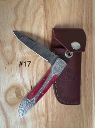 Damascus Steel Folding Knife with Red Wood and Engraved Bolsters