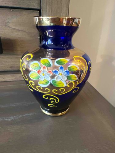 Norleans Cobalt Blue and Gold Enamel Floral Vase