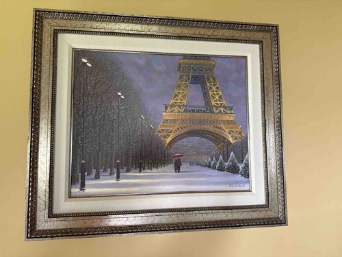 Eiffel Tower Winter Scene Painting with Red Umbrella