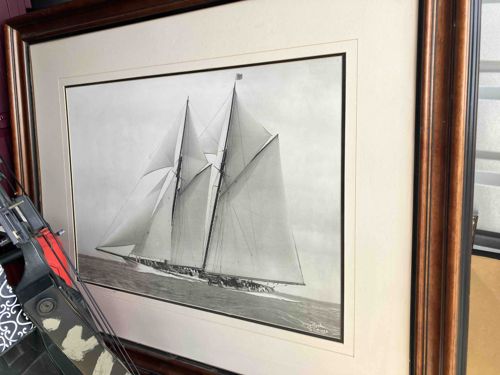 Framed Black and White Print of a Schooner