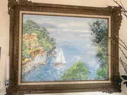 Coastal Seascape Oil Painting in Ornate Gilded Frame