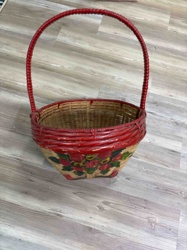 Vintage Hand-Painted Floral Woven Wicker Basket with Red Trim