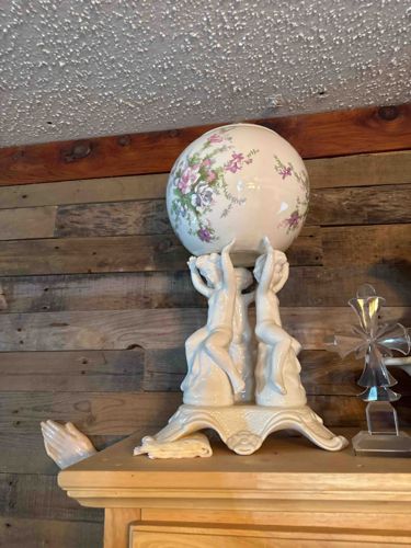 Porcelain Floral Globe with Cherub Stand