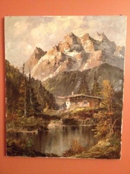 Alpine Landscape Oil Painting with Lakeside Chalet