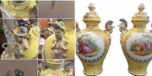 Pair of Dresden Lidded Urns with Helmet-Clad Figural Handles