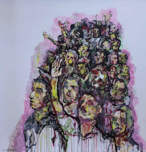 Mixed Media Expressionist Painting of a Crowded Figural Group