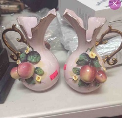 Pair of Pink Ceramic Vases with Applied Fruit Decoration