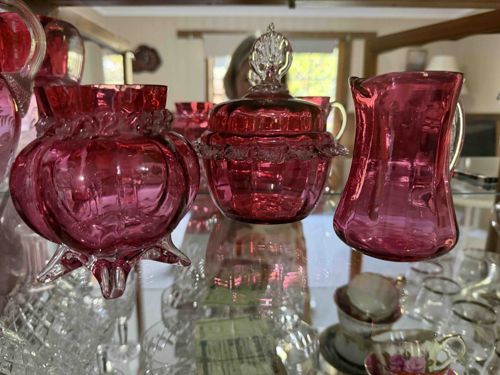 Cranberry Glass Tableware Set (Creamer, Sugar Bowl, and Footed Bowl)