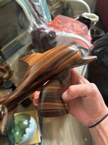 Carved Wooden Dolphin Sculpture on Wave Base