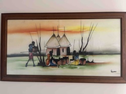 Framed African Village Scene Painting