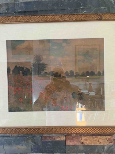 Framed Mass-Produced Print of Claude Monet's 'Poppy Field' With Heavy Reflection