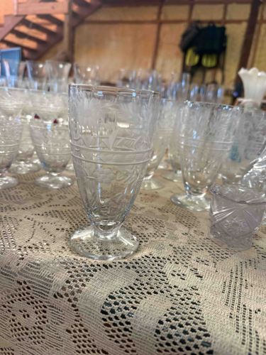 Etched Glass Footed Tumblers with Floral and Leaf Design