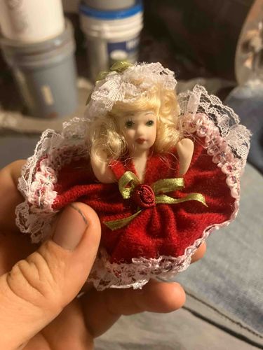 Miniature Blonde Doll Head & Torso with Red Dress and Lace Accents