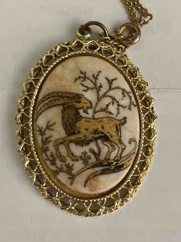 Vintage Scrimshaw-Style Capricorn Ibex Pendant Necklace