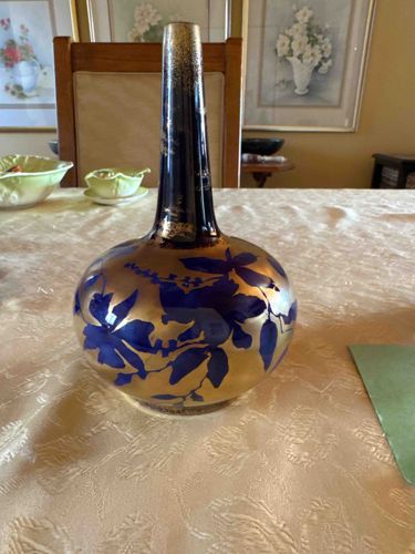 Cobalt Blue and Gold Gilt Floral Art Glass Vase