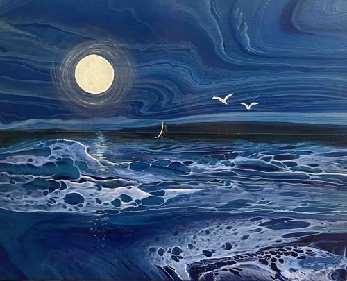 Moonlit Seascape with Sailboat and Gulls