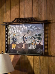 Reverse Painted Glass Oriental Scene with Pagoda-Style Frame