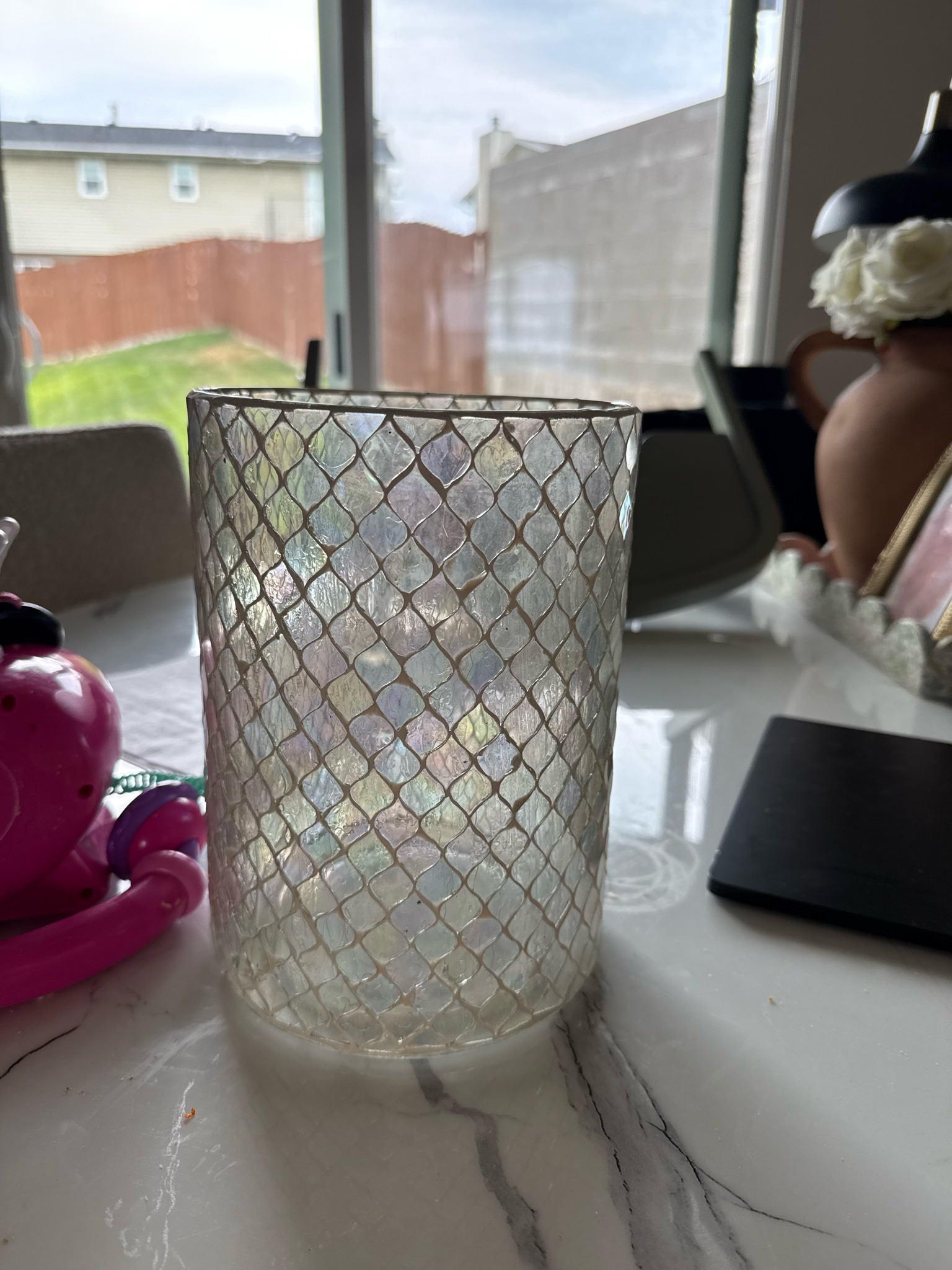 Submitted photo of Iridescent Mosaic Glass Cylinder Vase