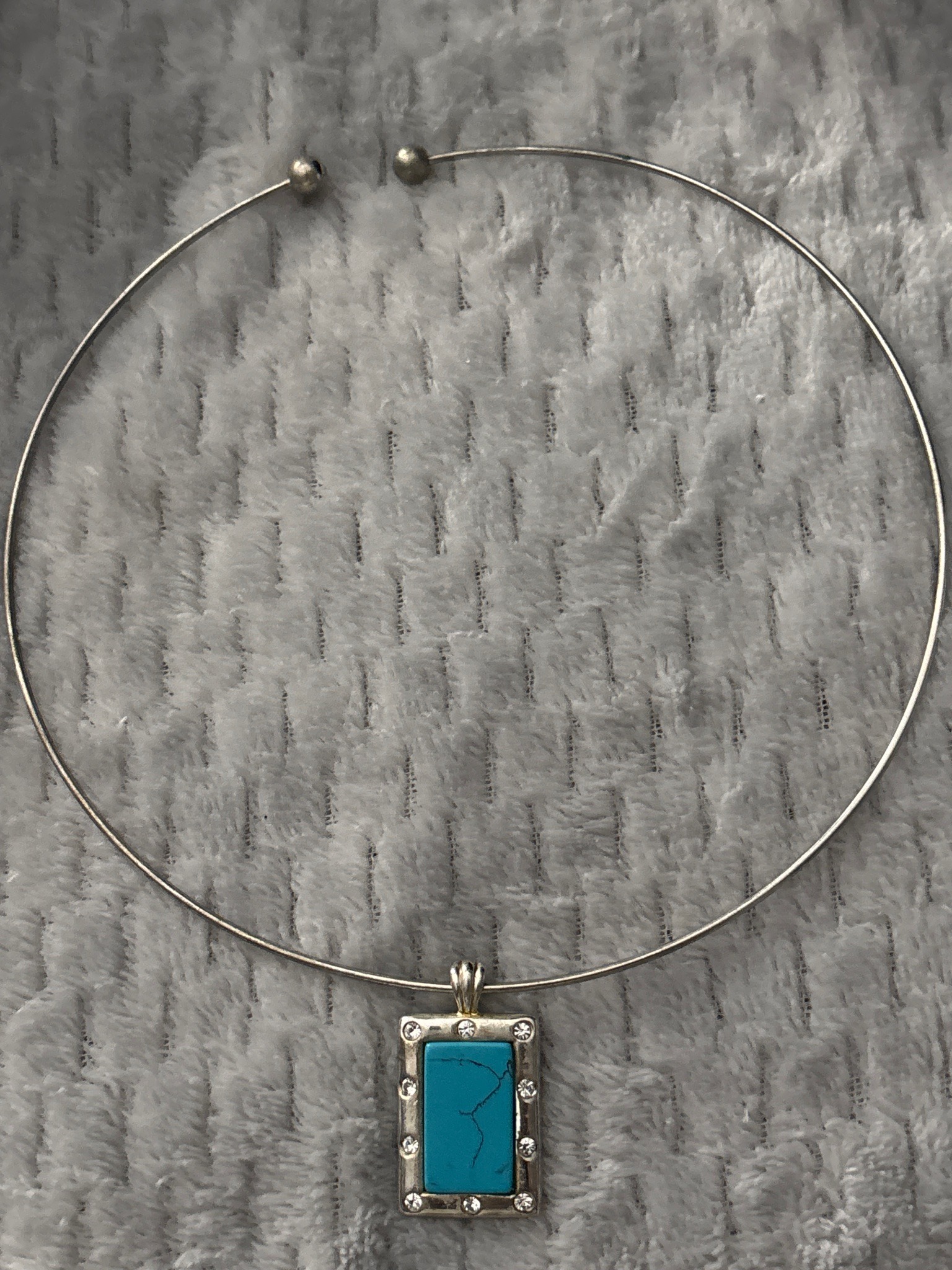Submitted photo of Silver-tone metal collar choker necklace with rectangular turquoise and rhinestone pendant