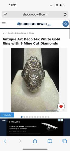 Antique Art Deco 14k White Gold Ring with 9 Mine Cut Diamonds