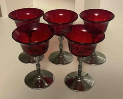 Set of 5 Ruby Red Glass Goblets with Metal Stems