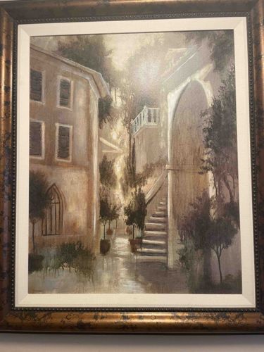 Framed European Alleyway Canvas Painting