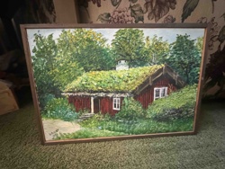 Oil Painting: 'Red Cabin with Sod Roof' by H.R. RUST (1980)