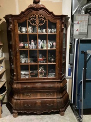 Antique Walnut Glass Display Cabinet with Bombe Base