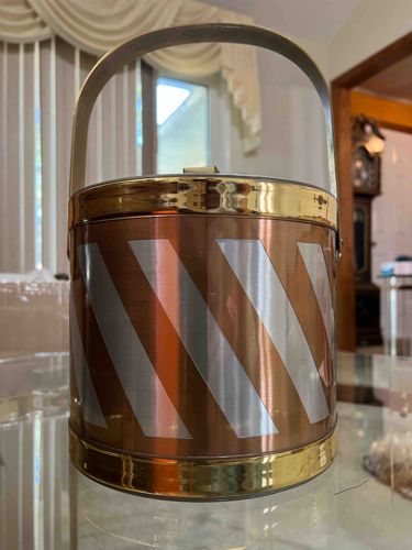 Mid-Century Modern Copper and Silver Striped Ice Bucket with Brass Trim