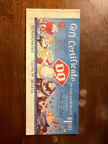 Vintage Dairy Queen One Dollar Gift Certificate