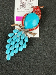 Bird Brooch with Turquoise and Red Stones