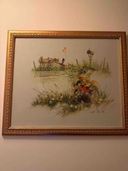 Pastoral Landscape Painting with Girl and Wagon