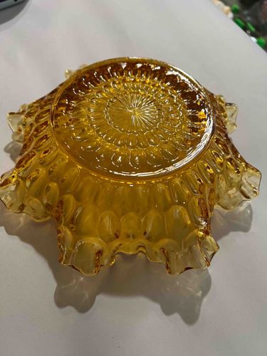 Amber Glass Ruffled Edge Bowl with Daisy & Button Pattern