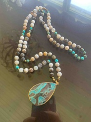 Multi-Strand Beaded Necklace with Chrysocolla/Jasper Pendant