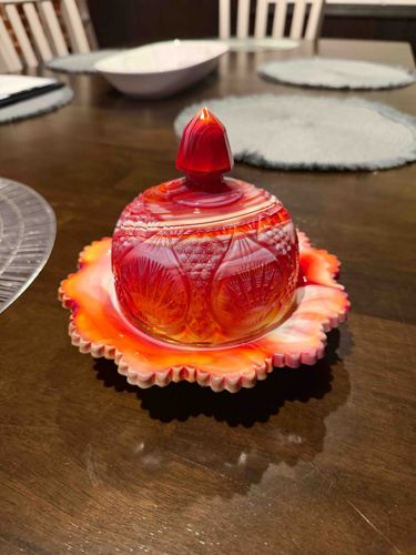 Ruby Flashed or Cranberry Fenton Daisy & Button Covered Candy Dish