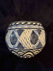 Shearwater Pottery Hand-Painted Fish and Wave Motif Bowl Vase